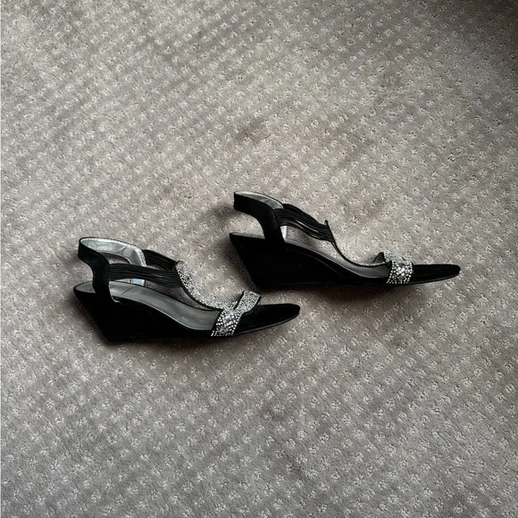 New York Transit Black and Silver Rhinestone Wedges - Picture 2 of 7